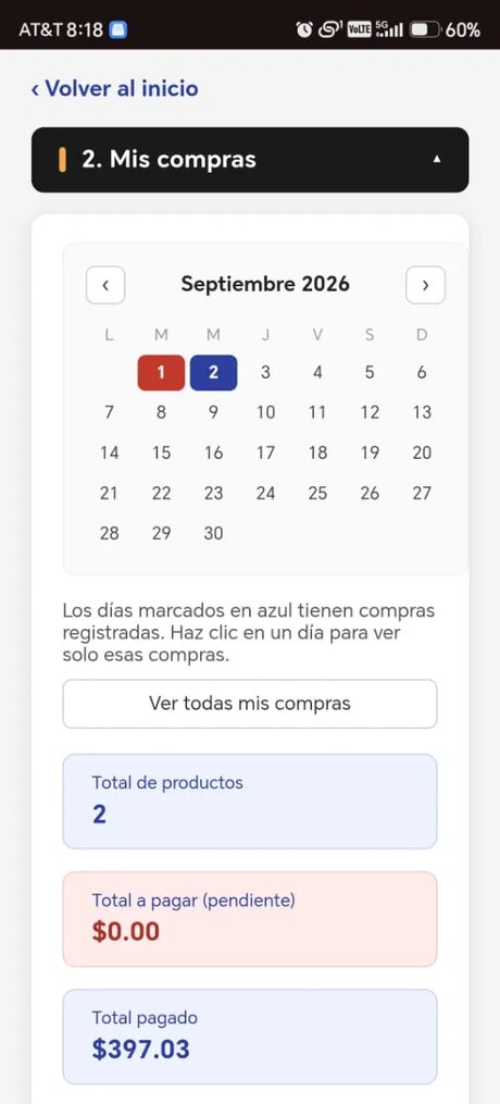 Calendario de compras con totales pagados y pendientes