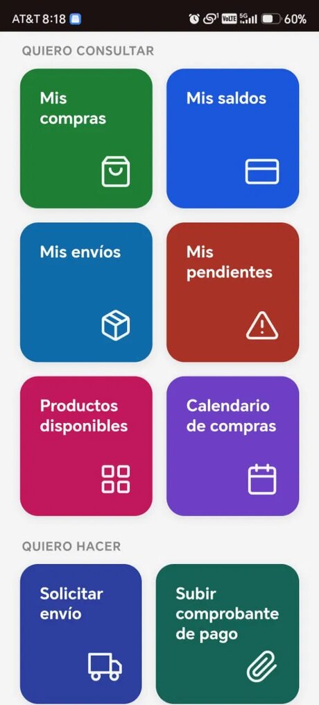 Panel principal de la app con accesos a compras, saldos y envíos