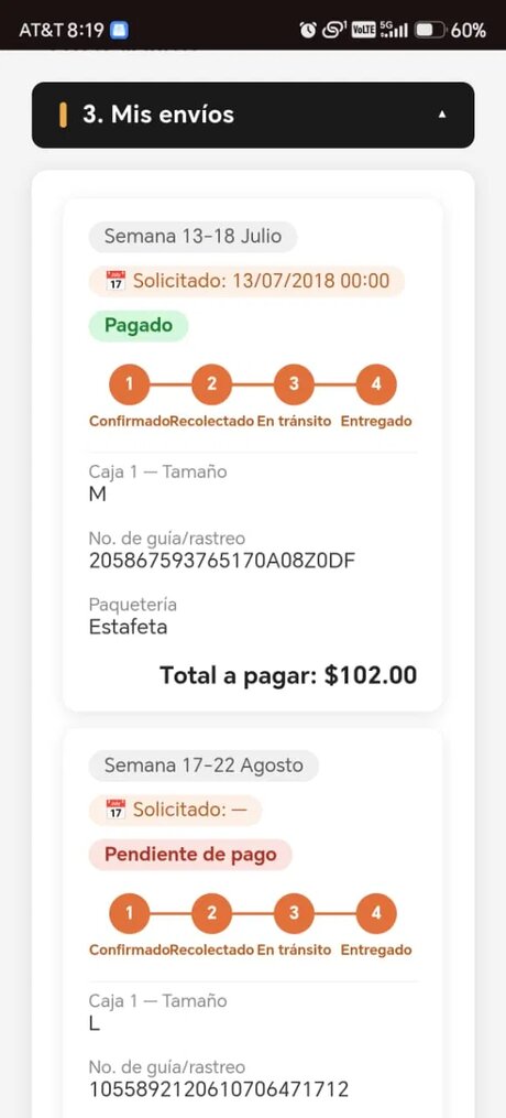 Seguimiento de envíos con status y número de guía