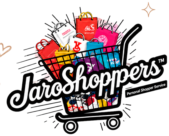 Logo de Jaroshoppers, carrito de compras lleno de bolsas de tiendas americanas