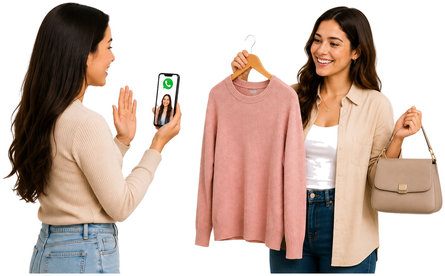 Cliente en videollamada con su shopper personalizado, mostrando prendas en tienda