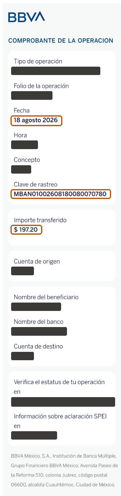 Ejemplo de comprobante de pago con fecha, monto y clave de rastreo resaltados