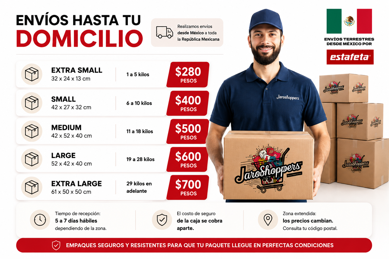 Tabla de costos de envío por tamaño de caja: Extra Small $280, Small $400, Medium $500, Large $600, Extra Large $700 pesos